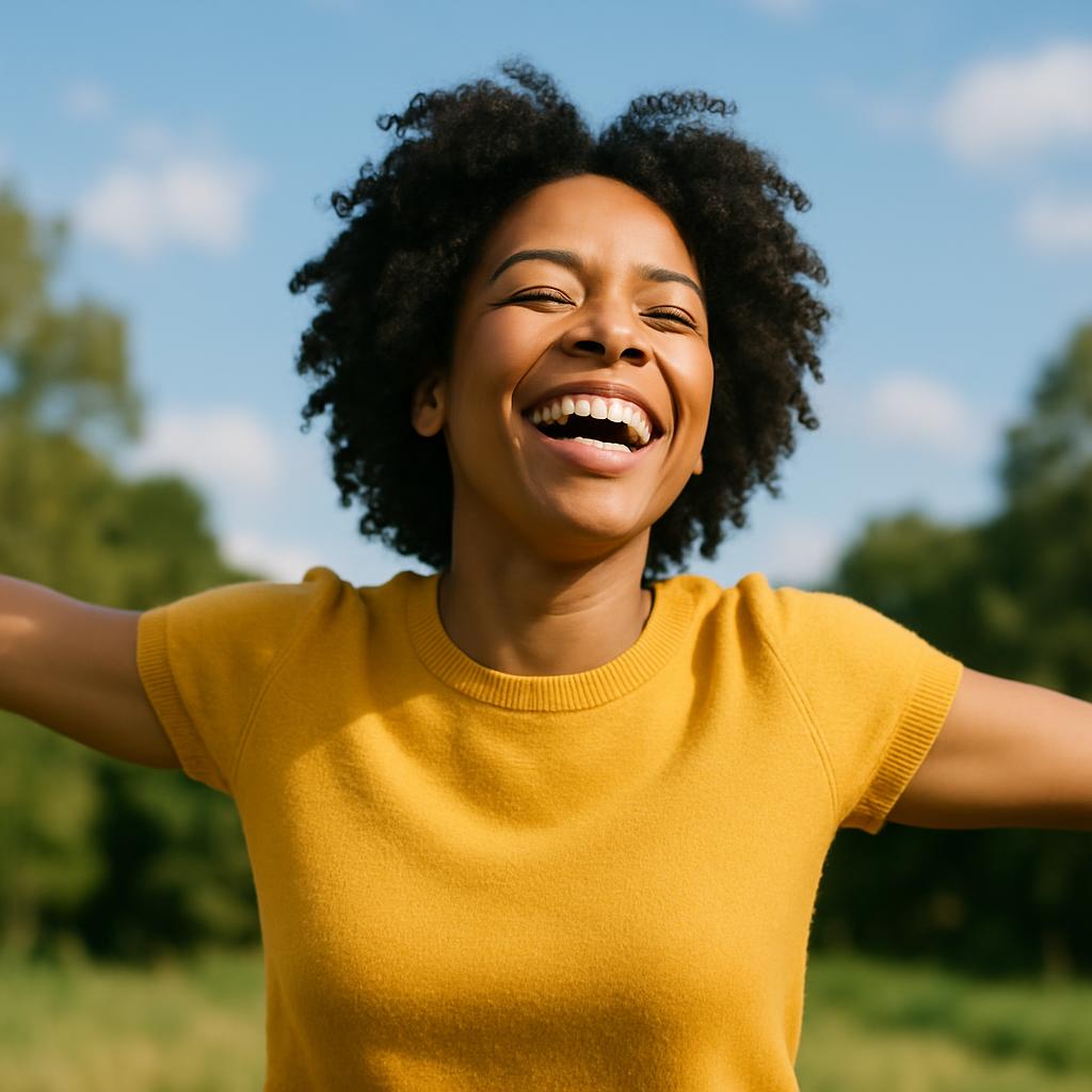 [Caption: Portrait of a black woman with freckles and curly hair smiling, arms stretched out in joy, with a blurred green ...