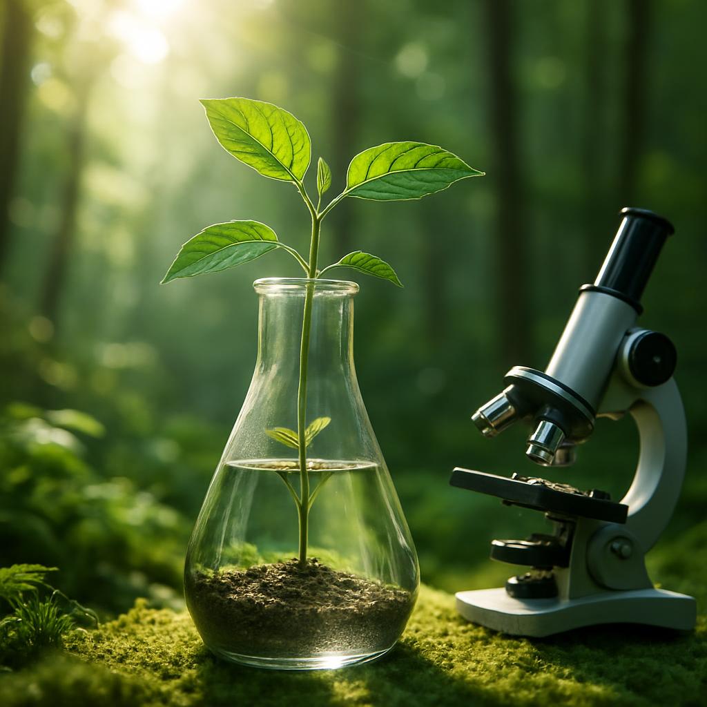 Image of a small plant in a beaker, in a woodland setting next to a microscope on a bed of moss.